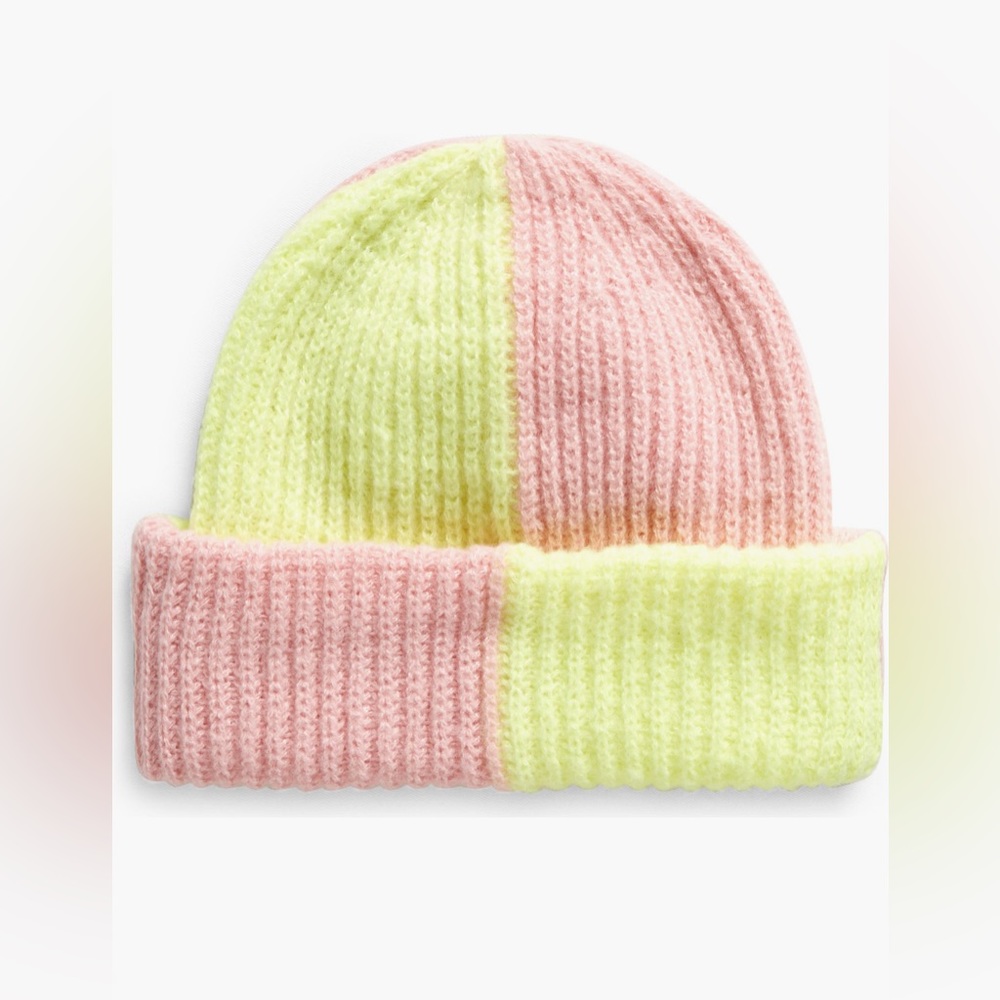 The Accessory Collective Color Block Cuffed Beanie in yellow and pink